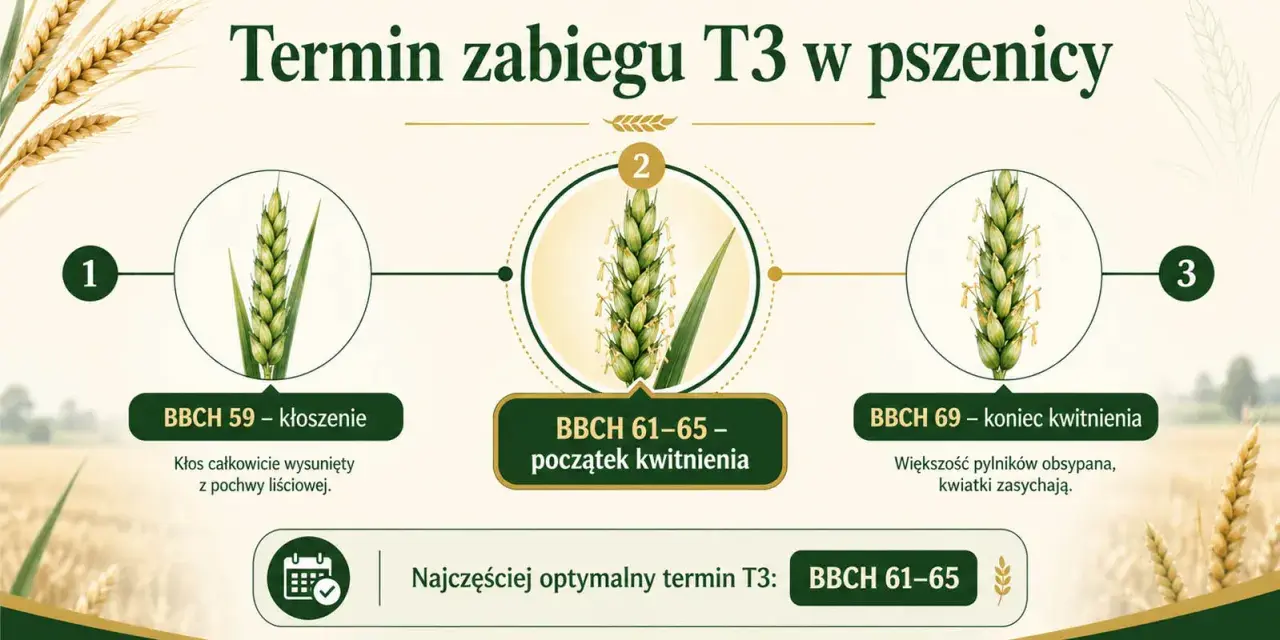 Grafika pokazuje rozwój kłosa pszenicy w różnych fazach: kłoszenie (BBCH 59), początek kwitnienia (BBCH 61-65) i koniec kwitnienia (BBCH 69). Najczęściej optymalny termin zabiegu T3 w pszenicy to BBCH 61-65.
