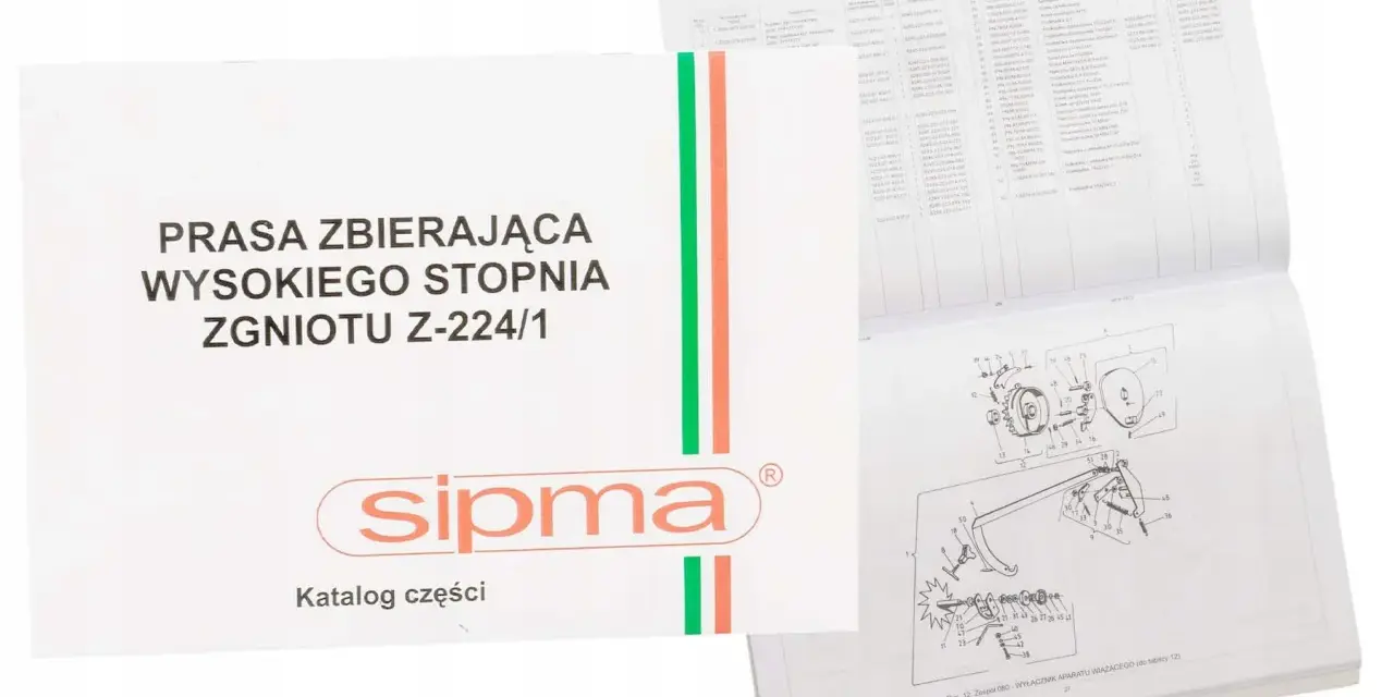 Katalog części do prasy Sipma Z-224/1, zawierający schematy i listy części zamiennych.