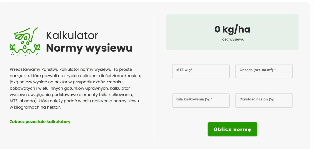 Kalkulator normy wysiewu pomoże obliczyć, ile grochu na hektar wysiać, uwzględniając MTZ, obsadę i siłę kiełkowania.
