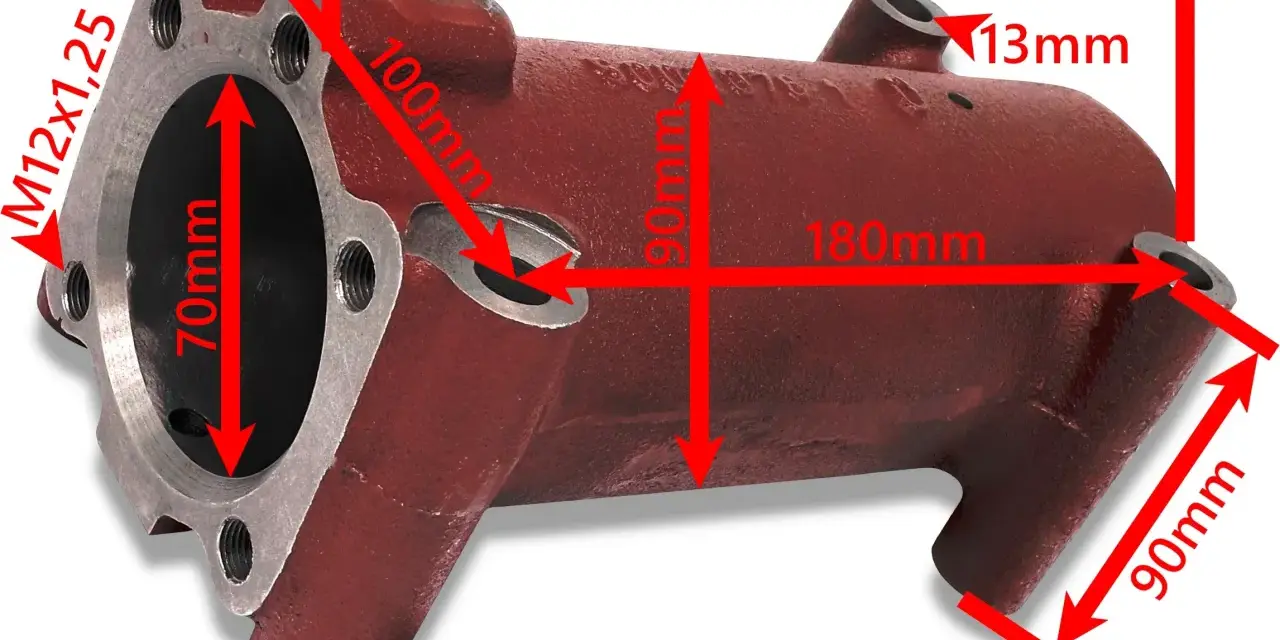 Część podnośnika C-330: czerwony cylinder z wymiarami 230x100x90mm, średnica otworu 70mm, gwint M12x1,25.