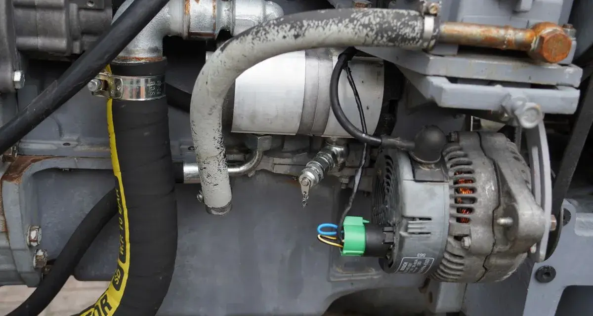 Fragment pompy hydraulicznej Ursus C-360 z przewodami i alternatorem.