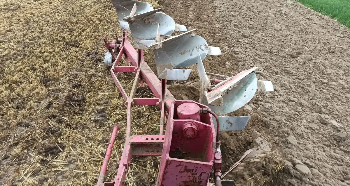 Czerwony pług z kilkoma lemieszami pracuje na polu, odwracając ziemię. Widać punkt ciągu pługa, gdzie maszyna zagłębia się w glebę.