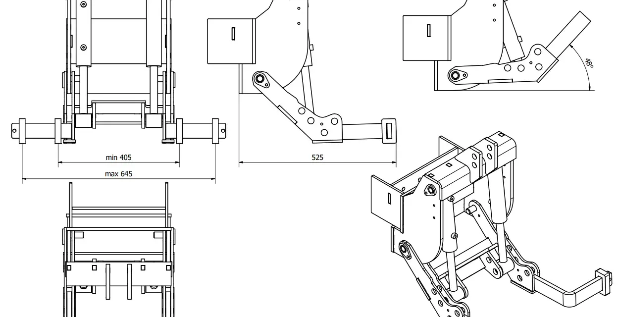 Rysunek techniczny TUZ kat 1 z wymiarami: min 405, max 645, 525. Widok z przodu, boku i izometryczny.