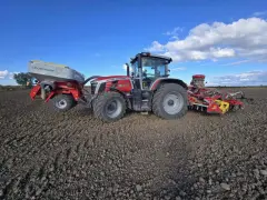 Traktor Massey Ferguson z siewnikiem Pöttinger przygotowuje pole pod zasiew pszenicy. Zastanawiamy się, ile ton pszenicy z hektara uda się zebrać.