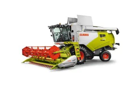 Kombajn zbożowy Claas Tucano 420, gotowy do pracy, zapewnia imponującą wydajność na polu.