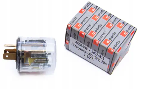 Przezroczysty przerywacz kierunkowskazów LED 12V 20A, idealny do C-330. Opakowanie z logo "a parts".