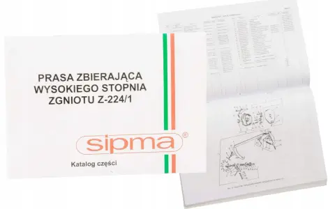 Katalog części do prasy Sipma Z-224/1, zawierający schematy i listy części zamiennych.