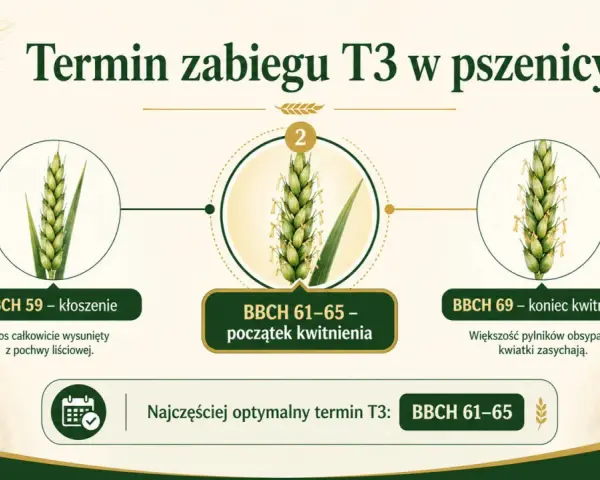 Grafika pokazuje rozwój kłosa pszenicy w różnych fazach: kłoszenie (BBCH 59), początek kwitnienia (BBCH 61-65) i koniec kwitnienia (BBCH 69). Najczęściej optymalny termin zabiegu T3 w pszenicy to BBCH 61-65.