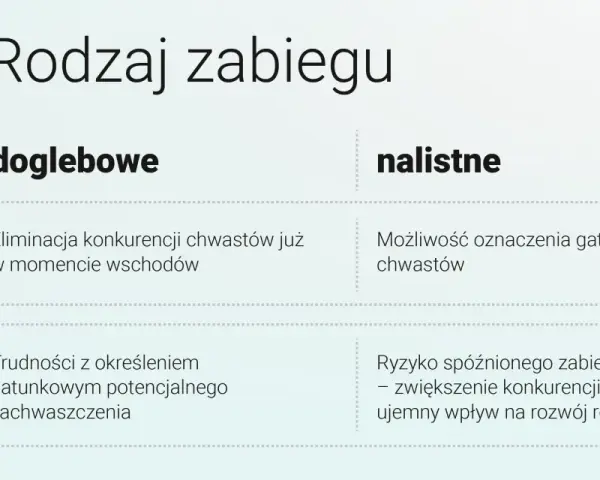 Porównanie zabiegów doglebowych i nalistnych. Herbicydy na chwasty – eliminacja konkurencji już od wschodów lub możliwość oznaczenia gatunków.