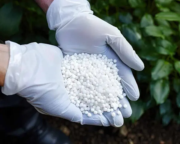 Ręce w białych rękawiczkach trzymają garść białych granulek. To siarczan amonu, który można dodać do Roundupu, by wzmocnić jego działanie.