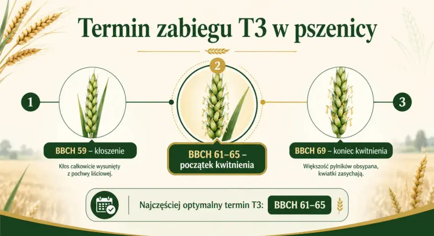 Grafika pokazuje rozwój kłosa pszenicy w różnych fazach: kłoszenie (BBCH 59), początek kwitnienia (BBCH 61-65) i koniec kwitnienia (BBCH 69). Najczęściej optymalny termin zabiegu T3 w pszenicy to BBCH 61-65.