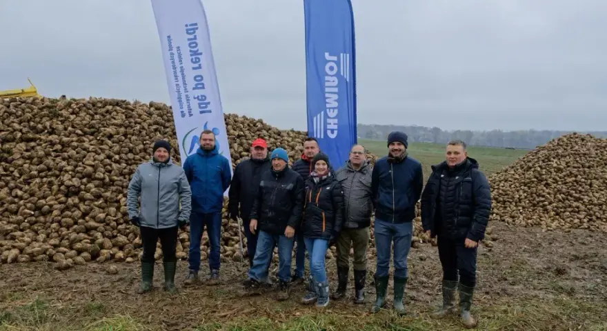 Grupa rolników pozuje na tle ogromnych hałd buraków cukrowych. Wynik tegorocznych zbiorów, pokazujący ile ton buraka cukrowego z hektara, robi wrażenie.
