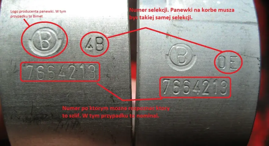 Panewki C-330 z oznaczeniami producenta (Bimet) i numerem selekcji. Różne selekcje wymagają dopasowania.