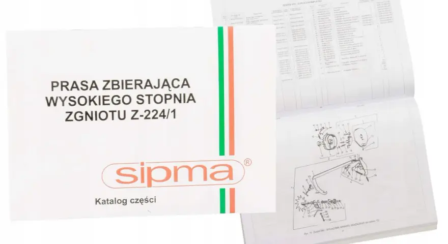 Katalog części do prasy Sipma Z-224/1, zawierający schematy i listy części zamiennych.