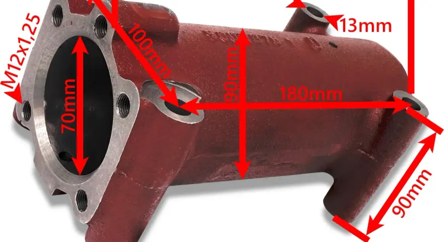 Część podnośnika C-330: czerwony cylinder z wymiarami 230x100x90mm, średnica otworu 70mm, gwint M12x1,25.