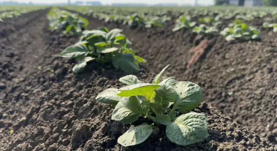 Młode, zielone pędy ziemniaków wyrastają z rzędów na polu. Idealny czas na wybór, jaki poplon pod ziemniaki, by zapewnić im najlepszy start.