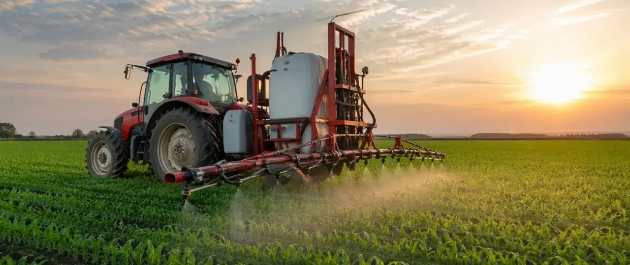 Czerwony traktor z opryskiwaczem na polu kukurydzy o zachodzie słońca. Optymalna temperatura stosowania środków ochrony roślin jest kluczowa.