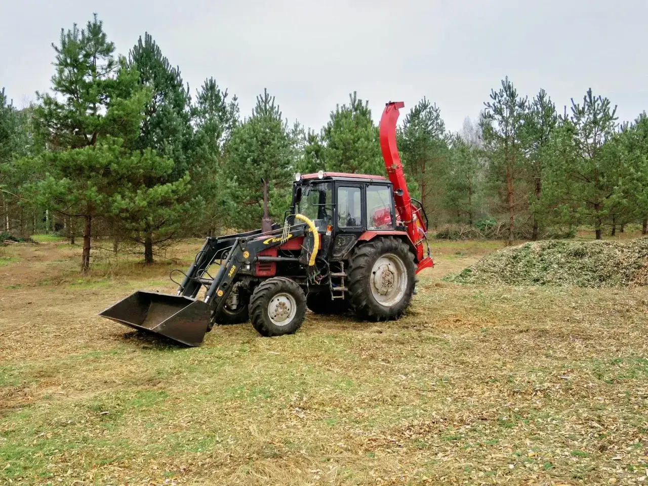 Czerwony traktor z ładowaczem i zamontowanym z tyłu rębakem, który przetwarza gałęzie na zrębki.