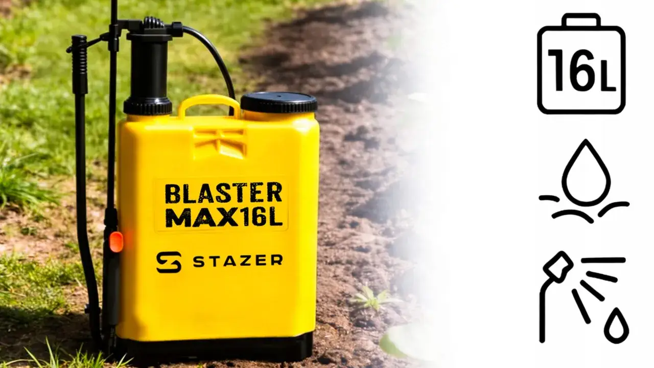 Ż&oacute;łty opryskiwacz Stazer Blaster MAX 16L. Sprawdź, ile oprysku na 10 l wody, by skutecznie zadbać o rośliny.