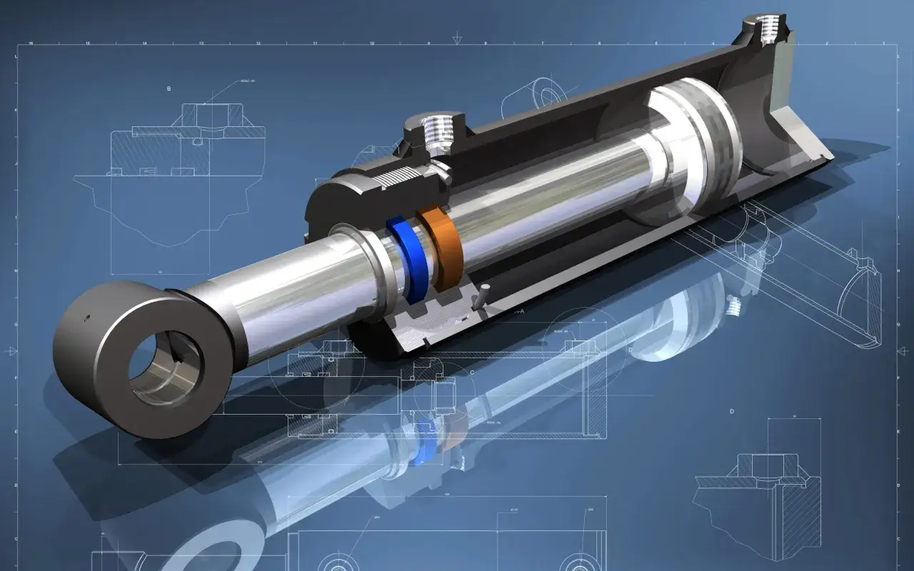 Przekrój siłownika hydraulicznego z widocznymi uszczelniaczami, na tle rysunku technicznego. Dowiedz się, jak dobrać uszczelniacze do siłownika.