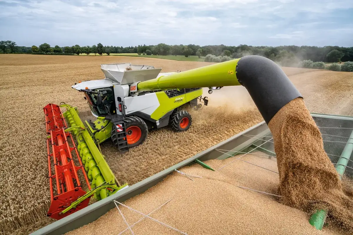 Kombajn marki Claas Lexion pracuje na polu, wysypując zboże do przyczepy.
