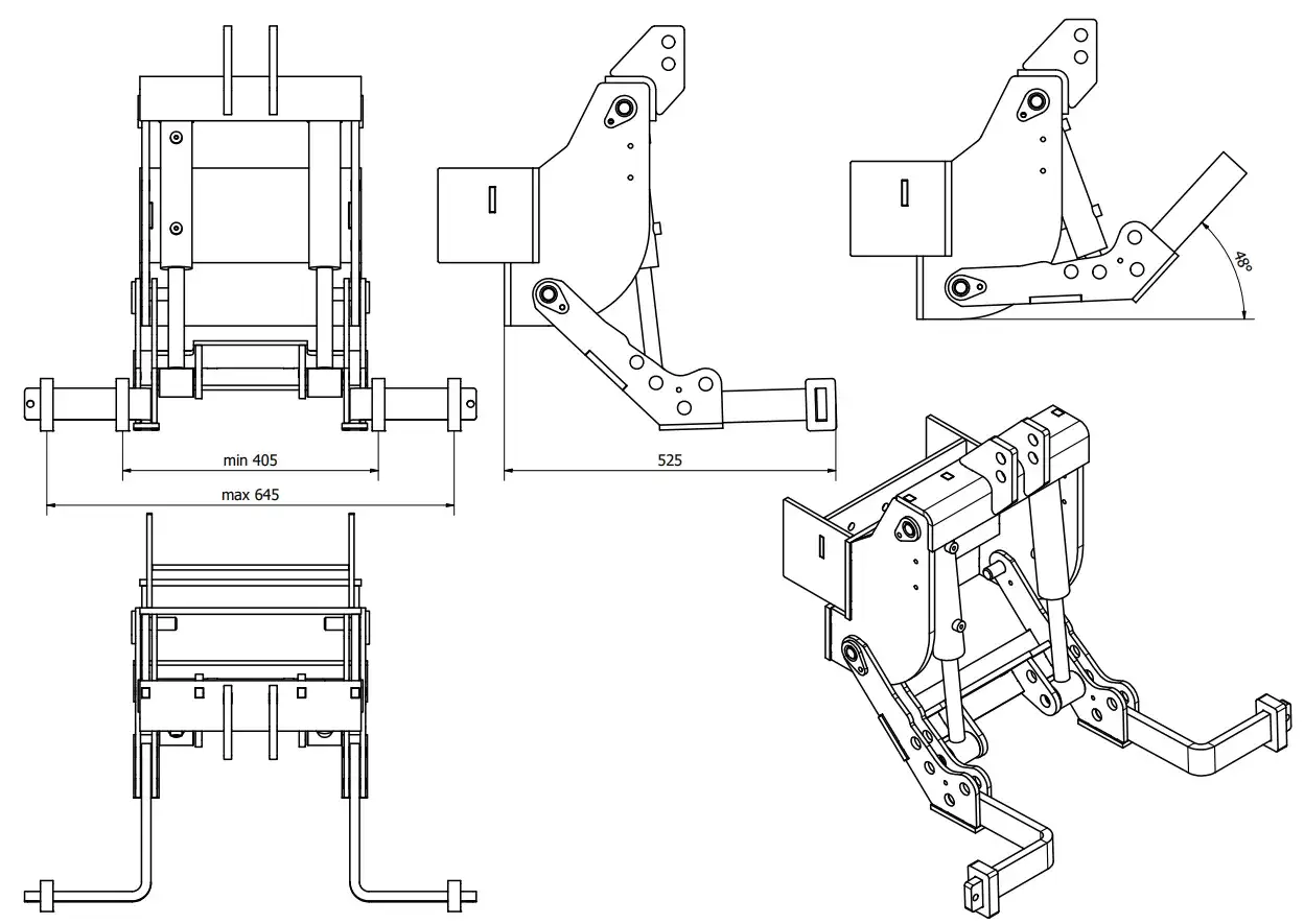 Schemat techniczny trzypunktowego układu zawieszenia z wymiarami. Mechanizm pozwala na regulację w zakresie 405-645 mm.
