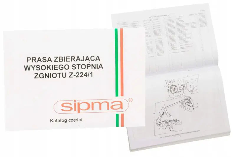 Katalog części do prasy Sipma Z-224/1, zawierający schematy i listy części zamiennych.
